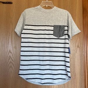 NWT Gray Short Sleeve Tee with Black Stripes and Accent Pocket